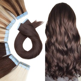 Tape In Real Human hair Extension Glue In Skin Weft Hair Extensions Rooted Tape in Remy Hair Seamless Invisible Double Sided Tape Human Hair Extensions For Women 12 inch 40g 20pcs #02 Dark Brown