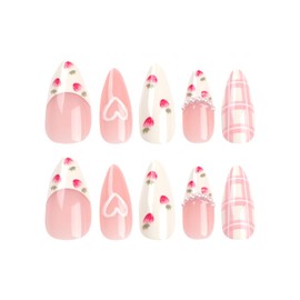 Valentine’s Day Almond Press on Nails Medium Fake Nails with Strawberry & Heart Patterns Designs White Pearl Press on Nails Glossy Acrylic Nails Reusable Stick on Nails for Women and Girls 24Pcs