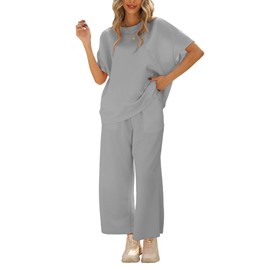 Famulily Women Comfy 2 Piece Lounge Airport Pajamas Sets Short Sleeve Blouse and Wide Leg Sweatpants Gray L