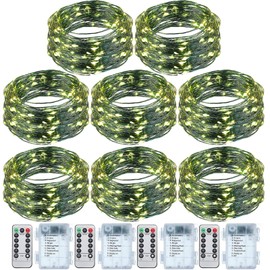 8 Pcs Battery Operated String Lights Outdoor String Lights 33 ft 100 LED Warm White Wire Green Battery Operated Fairy Lights with 8 Modes for Christmas Garden Patio Tree Decorations(8 Pcs,33 ft)