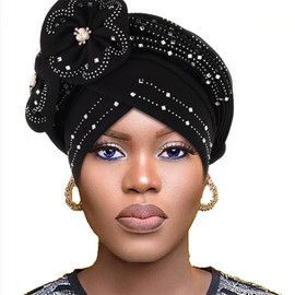 Woeoe Beanie Cap Head Wrap Black Rhinestones Head Scarf Flower Pearls Twisted Head Turban for Women Girls