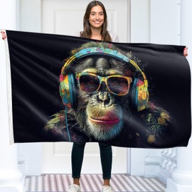 Affe mit Kopfhörern Flagge – Groß Lustige Flagge – Beidseitiger Druck – 110D Polyester – Doppelnaht – 2 Messingösen, groß 90x150 cm (5 x 3 Fuß)
