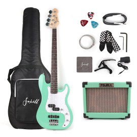 Fojill Full Size Electric Bass Guitar with Rechargeable Battery Bluetooth 10 Watt Amp Amplifier 4 String Right Handed Beginner Kit Set Package Combo Bundle with Gig Bag and Accessories(Green)