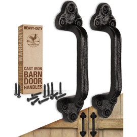 Heavy Duty Barn Door Handles (Set of 2) Black Rustic Cast Iron Gate Handles - Farmhouse Decor, Strong Closet Sliding Door Pull - with Hardware (Large - 9 inches, Indoor & Outdoor)