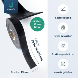 diconfa Rubber Strip Width 15 mm (1.5 cm) – Choice – Thickness: 1 to 5 mm – Length: 0.05 to 10 m – Selection: 100 mm (10 cm) Long, 1 mm Thick – Rubber Mat Sold by the Metre Narrow Rubber Underlay