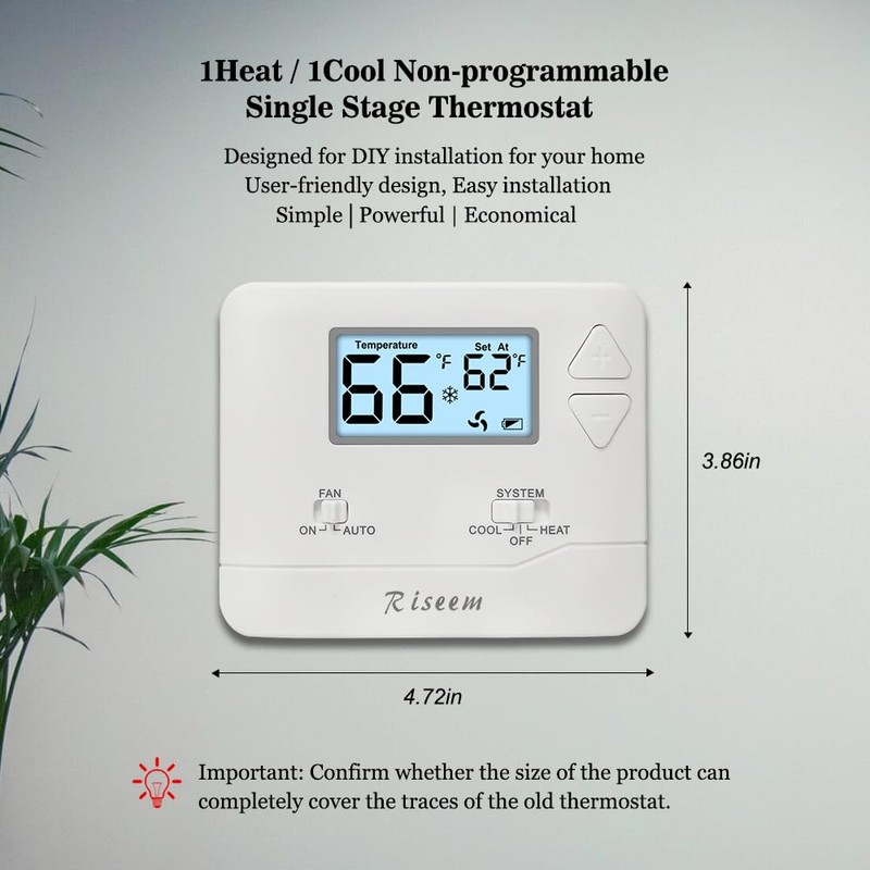 NonProgrammable Thermostat for Home, Single-Stage Systems,Digital Energy-Saving Thermostat,1 Heat/1 Cool,