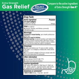 RIGHT REMEDIES Gas Relief Extra Strength, 125mg Simethicone, (180 Softgels), Fast Relief from Gas, Bloating, Fullness, Painful discomfort, Compare to Gas-X Extra Strength Active Ingredient
