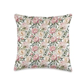Pink and Cream Peonies with Green Leaves Vintage Style Throw Pillow