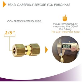 Ice Maker Water Line Brass Compression Tube Fitting, Union, 3/8” OD x 3/8” OD, 2 Pack