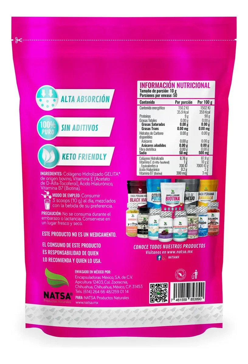 NATSA Biotina  Colageno  Acido Hialurónico y Vitamina E Polvo 500 g, Cabello, Piel y Uñas, Calidad Premium