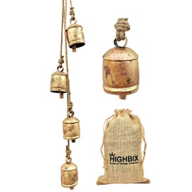 HIGHBIX Harmony 4 Cow Bells Cluster on Rope Large Rustic Vintage Lucky Cow Bells On Rope Wall Hanging Décor (Gold)