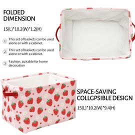 FYSUIMU Strawberry Storage Basket Foldable Strawberry Flower Heart Storage Bin with Handle Red Pink Fabric Storage Box for Home Office Organizer Decor, 15 x 10.2 x 9.4 Inch