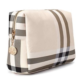 Bolsa de maquillaje grande para bolso de lujo para mujer, bolsa de maquillaje para artículos de cambiador y organizador de viaje, Beige, Large, Rayas,