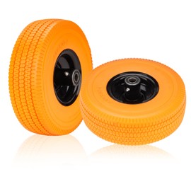10” Flat-Free Tires 4.10/3.50-4 Orange Solid Rubber Tire and Wheel Assemblies 5/8” Bearings Fits for Lawn mowers Hand Trucks Generators Garden Utility cart | 2.25"Offset | 300lbs Capacity 2 Pack