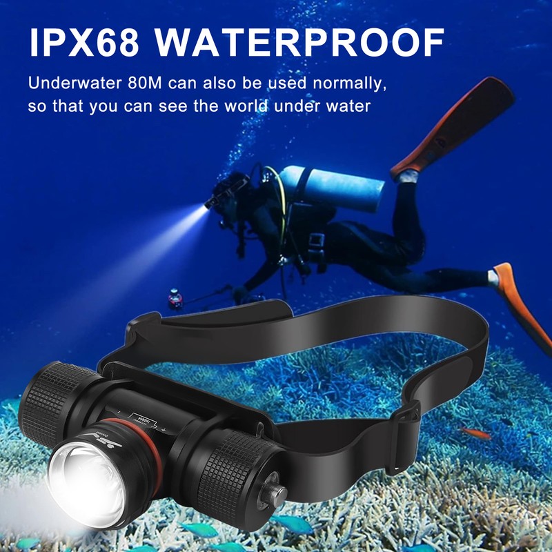 Diving Headlamp Flashlight IPX68 Waterproof Super Bright 1200LM 3 Light