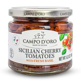 CAMPO D'ORO - Sundried Cherry Tomatoes in Oil, Made with Fresh Basil, Glass Jar 6.35oz, 100% made in Italy, Sicilian Bruschetta Recipe