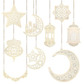 Mecctuck Pack of 9 Ramadan Decoration, Ramadan Decoration, Ornament Wooden Pendant, Ramadan Mubarak Decoration, Eid Mubarak Decoration, Islamic Decoration, Moon Star Pendant for Ramadan Mubarak Eid