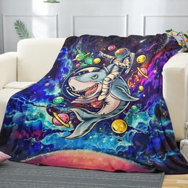 kampdream Funny Space Astronaut Shark Fleece Throw Blanket, Trippy Galaxy Universe Planets Cool Cozy Nap Blankets Gift for Teens Boys Sofa Bed Couch Chair or Dorm Throws 40×50 inches