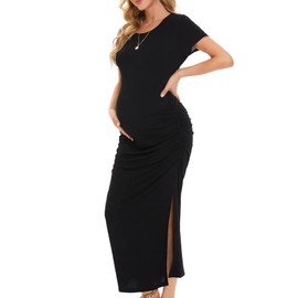 Smallshow Women's Split Long Maternity Dress Short Sleeve Ruched Pregnancy Clothes Small Black