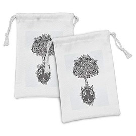 Ambesonne Celtic Fabric Pouch Set of 2, Hand-Drawn Tree of Life and Triskelion at Roots for in Cult, Small Drawstring Bag for Toiletries Masks and Favors, 9" x 6", White and Black
