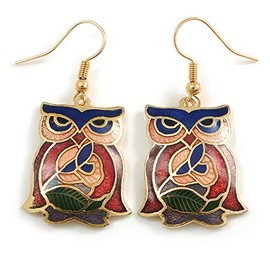 Multicoloured Enamel Owl Drop Earrings In Gold Tone Metal - 45mm Long