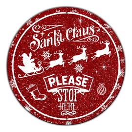 GJXFTPTTBD Round Christmas Metal Tin Sign Santa Sleigh Reindeer Vintage Tin Sign Santa Claus Please Stop Here Christmas Sign for Christmas Living Room Bedroom Coffee Bar 8 * 8 in