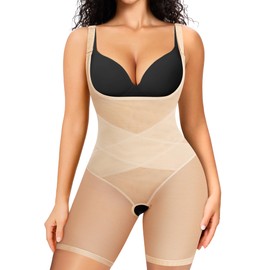 MERYOSZ Women Waist Trainer Mesh Bodysuit Tummy Control Shapewear Butt Lifter Thigh Slimmer Full Body Shaper Open Bust (Beige, Small)