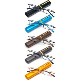 REAVEE 5 Pack Slim Portable Reading Glasses for Men Women, Computer Blue Light Blocking Small Readers Metal Frame Spring Hinge with Pocket Compact Pen Case, Black Grey Brown Blue Gold 3.0