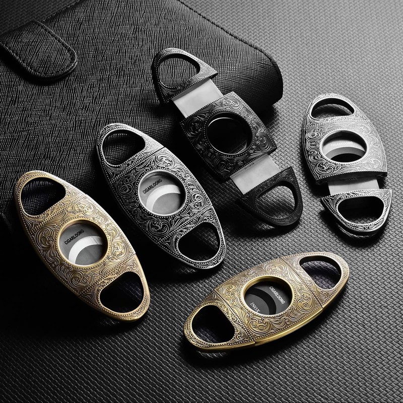 CIGARLOONG Cigar Cutter Bronze Engraved Double Stainless Steel Blade Cigar