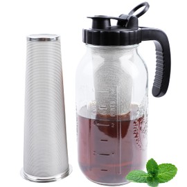Cold Brew Coffee Maker Pitcher 2 Quart Glass Mason Jar With Spout Lid Filter Half Gallon Wide Mouth Iced Tea Brewing Jug Heavy Duty Handle Airtight & Leak-Proof Pitcher For Fridge Sun Tea 64 OZ