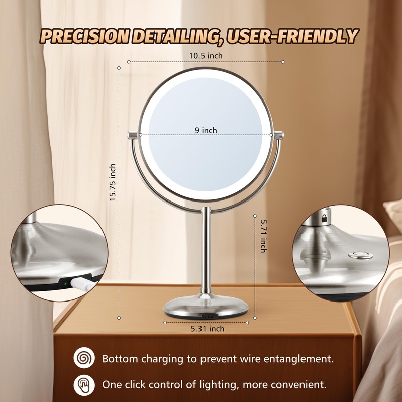 15X Magnifying Mirror with Light: 9 inch Lighted Makeup Mirror,