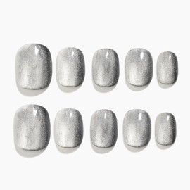Sun&Beam Nails Handmade Press On Short Round with Silvern Black Cat Eye Design Charm Cute False Nail Tips 10 Pcs (#107 XS)