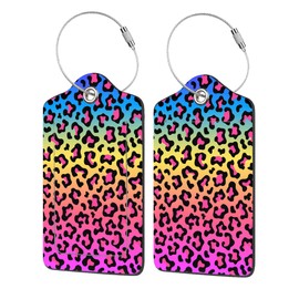 EOBKLAX 2 Pack Luggage Tags for Suitcases,Neon Rainbow Colored Leopard Print Luggage Tag,PU Leather Id Label Luggage Tags with Stainless Steel Loop and Privacy Cover for Women Men Teens Travel