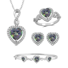 Jewelili Brass Mystic Topaz Cubic Zirconia and Round Cubic Zirconia Heart Shape Pendant, Stud Earrings, Ring and Bracelet Jewelry Set