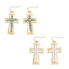 Firstmeet Vintage Cross Earrings Glass Bead Alloy Chunky Dangle Earrings for Statement of Faith(FE-5005-Green+Pink)