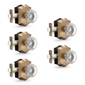 Gobrico Clear Octagon Shape Passage Door Knobs in Antique Brass for Hall Closet Laundry Room Keyless Outside Crystal Door Handles for Interior Room 5 Pack