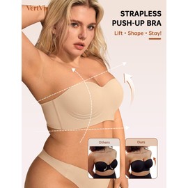 Vertvie Strapless Bras for Women Underwire Push Up Bandeau Top Bra Plus Size Seamless Side and Back Smoothing Padded Bralette(38DD,Nude)