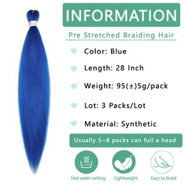 Dilekay Braiding Hair Pre Stretched 28 Inch 3 Packs Knotless Braiding Hair Blue Braided Hair Extensions, Professional Easy Braid Crochet Hair, Hot Water Setting Kanekalon Braiding Hair Extension