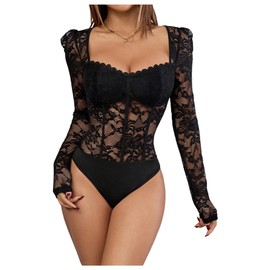 GORGLITTER Women's See Through Floral Lace Bodysuits Sweetheart Neck Long Sleeve Tee Tops Sexy Club Leotards Black Large