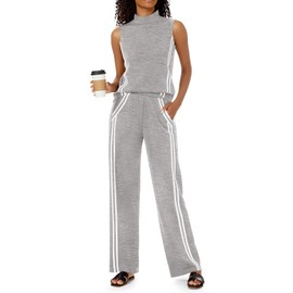 Casly Lamiit Womens 2 Piece Sets Casual Lounge Set Sweatsuits Travel Outfits Summer Activewear Mock Neck Tank Top Track Pants Side Stripes Outfit Light Grey XL