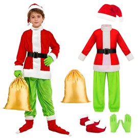 Yi-gogogo Christmas Outfit, Christmas Clothing, Children's Grinch Christmas Cosplay, Children's Christmas Costume, Top, Pants, Belt, Gloves, Cute Costume, Kids, Parties, Fancy Dress Outfit