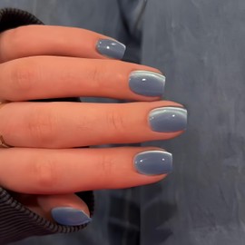 KQueenest Cat Eye Press on Nails Short, 30 Pcs Summer Press on Nails Coffin, Glass Soft Pastel Blue Fake Nails Press on Short, Sparkly Chrome Design, Reusable Soft Gel Glue on Nails for Women Gift