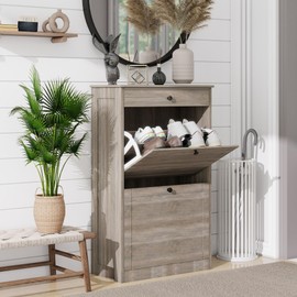 FTZxHKLX Shoe Cabinet with 2 Flip Drawers, Narrow Freestanding Shoe Storage Organizer, Slim Wooden Hidden Shoe Rack for Front Door Entrance, Closet, Hallway, Living Room, Rustic Gray