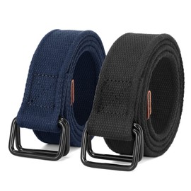 JASGOOD Men Canvas Belt Web Fabric Casual Work Belt with Black D Ring Set of 2(Black+Blue,Fit Waist Size 33-38 Inch)