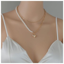 Cimenexe Bohemian Layered Pearl Collar Necklace Gold Paper Clip Chain Necklace Puffy Heart Pearl Collar Pendant Necklace Love Heart Pearl Collar Beads Paper Clip Link Chain