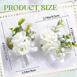 URROMA Wrist Corsage Boutonniere Set, 2Pcs White Rose and Ribbon Artificial Corsage Flower Bracelet Wristband Hand Flower Corsage Bouquet