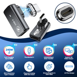DuHeSin USB C Magnetic Adapter 240w, (2 Pack) 90 Degree Magnetic USB C Adapter 24 Pin with PD Fast Charging USB4 40Gbps 8K 60Hz for Thunderbolt 3/4, MacBook Pro/Air and More Type C Devices