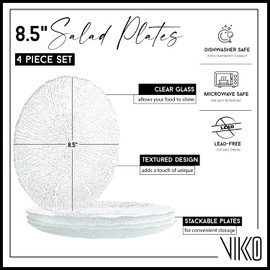Vikko Salad Plate, Set of 4 Glass Plates, 8.5 Inch Dessert, Salad, Appetizer Plate, Elegant Textured Glass Design, Stackable Plates, Dishwasher Safe