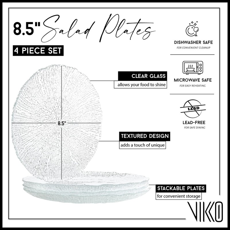 Vikko Salad Plate, Set of 4 Glass Plates, 8.5 Inch