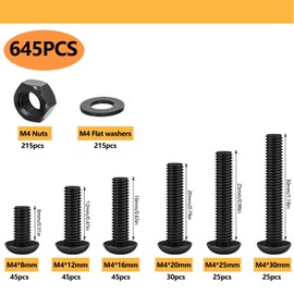 645 Pcs M4 x 8/12/16/20/25/30mm 10.9 Grade Alloy Steel Button Head Socket Cap Screws Bolts with M4 Nuts, M4 Washers and 1 Pcs Hex Key Wrenches Assortment Kit